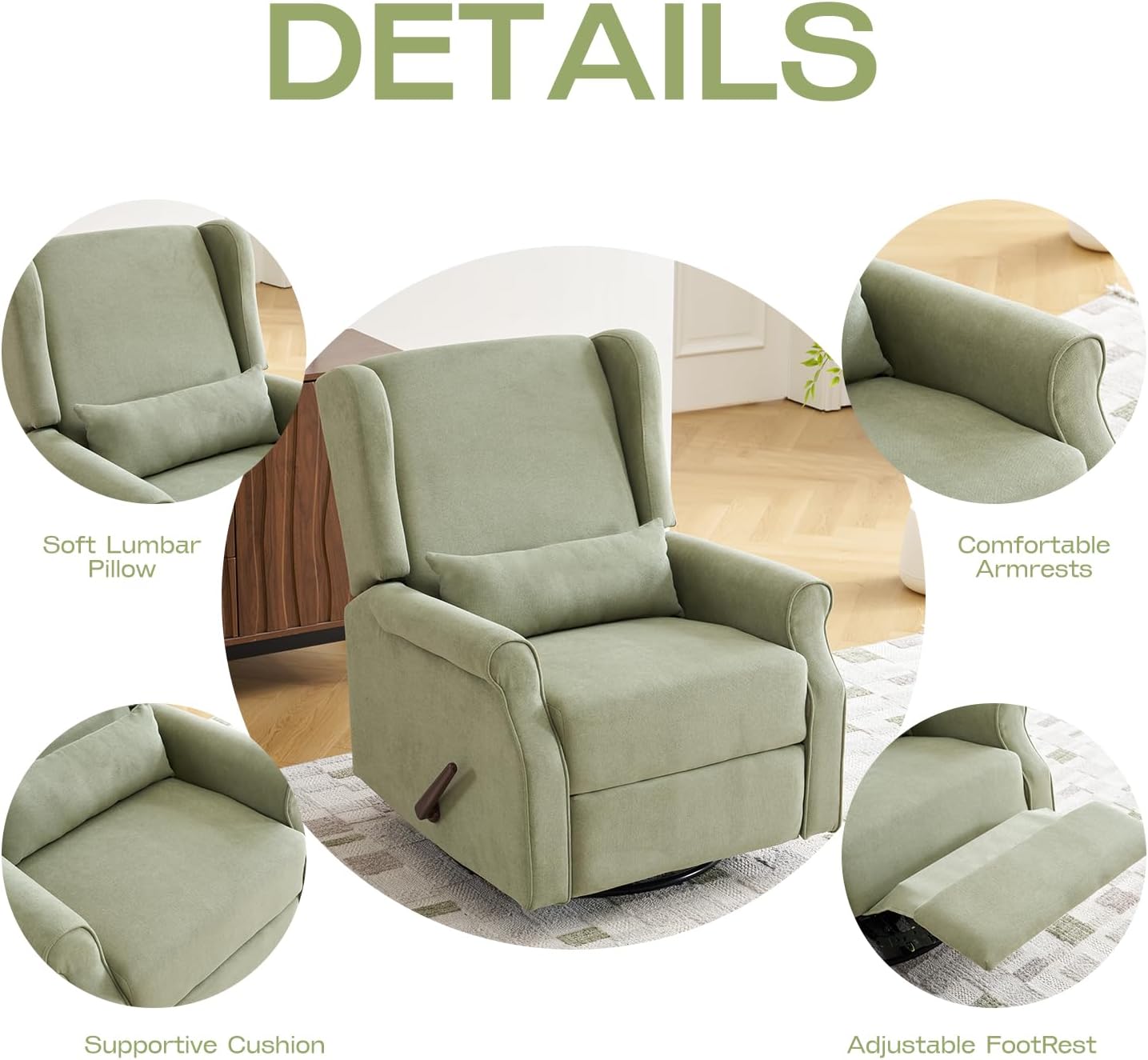 360°Swivel Rocker Recliner, Nursery Rocking Chair with Lumbar Pillow,Glider Recliner Nursery Chair for Small Spaces,Living Room & Bedroom,Chenille Green