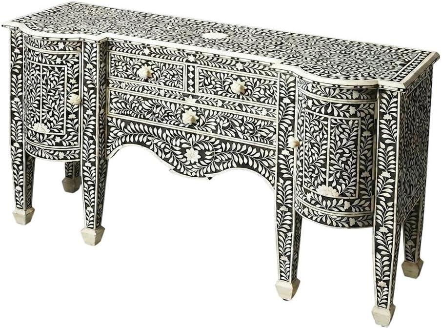 Starlight Canyon Home Boho Buffet Cabinet with 4 Drawers, Eclectic Wood Sideboard with Bone Inlay Detail in Black for Dining Room