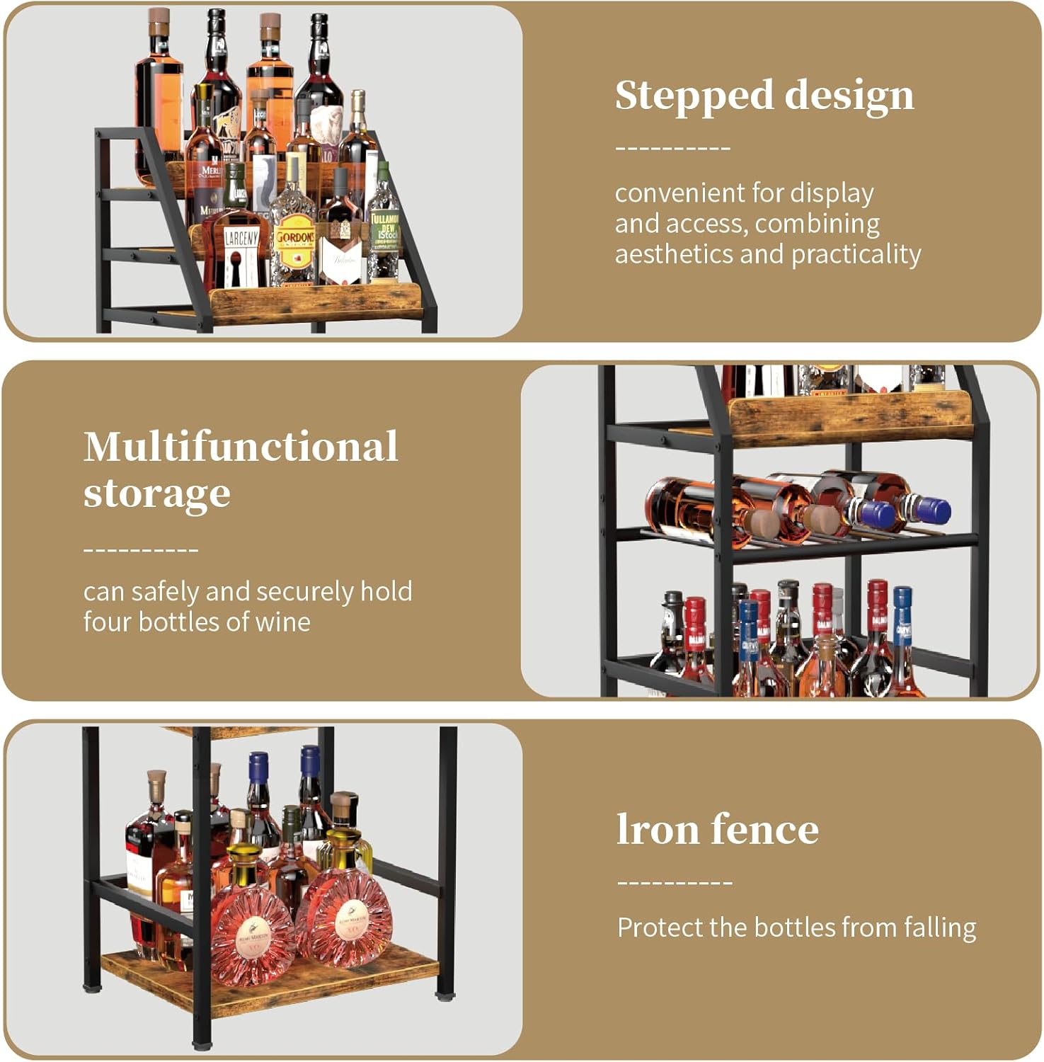 Trapezoid Liquor Wine Rack - Stepped Freestanding Design for Home - Fits Living RoomCorners (Whiskey & Wine Storage)