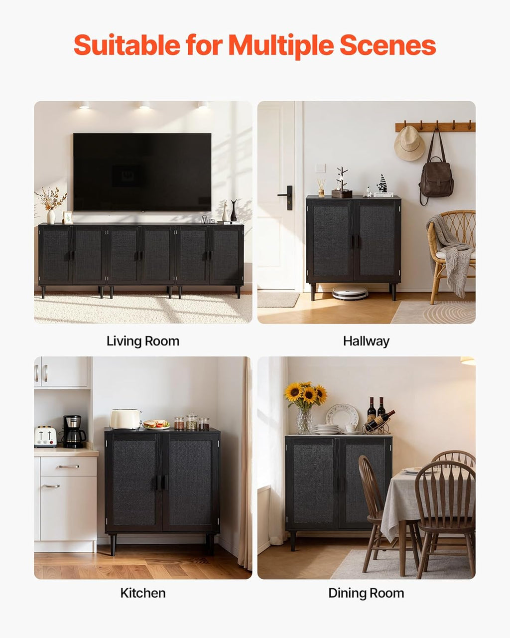 VEVOR Buffet Cabinet, Rattan Sideboard Cabinet with 2 Magnetic Doors and Adjustable Shelves, Accent Sideboard Buffet with Wooden Legs & Power Cord Hole for Hallway, Entryway, Kitchen, Black
