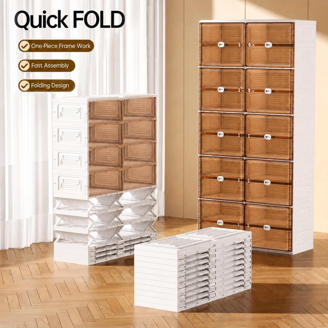 32 Pairs Shoes Storage Cabinet of 3-Step Fast Installation,Plastic Shoe Rack with Clear Magnetic Door for Display, Shoe Organizer for Sneaker, Sandals, Heels (2 Row, 8 Tier)
