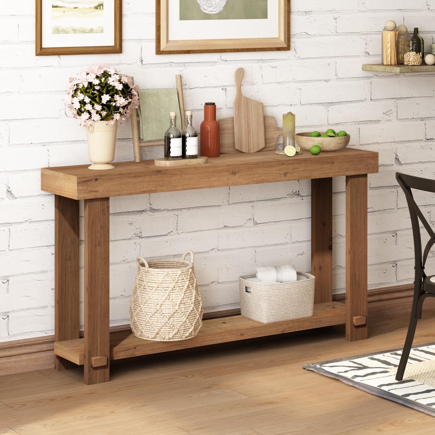 Solid Wood Console Table, 55.1" Long Farmhouse Entryway Tables Thickened Tabletop and Legs Rustic Narrow Behind Couch Skinny Sofa Table for Living Room, Hallway, Entry