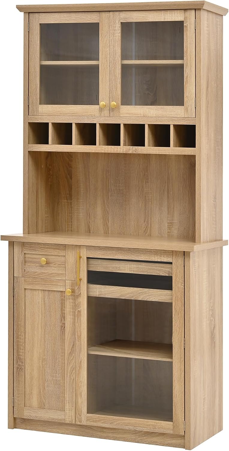 Farmhouse Tall Kitchen Pantry Storage Cabinet with Hunch, Freestanding Buffet Cabinet with Wine Rack and Adjustable Shelves for Kitchen, Dining Room (Natural)