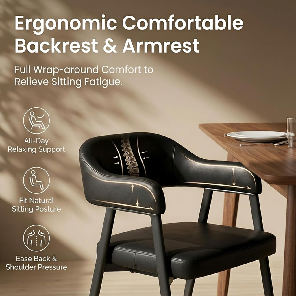 HNY Modern Dining Room Arm Chairs Set of 6, Retro Faux Leather Upholstered Barrel Dining Chairs with Arms Mid-Century Black Accent Chair with Metal Legs, Open-Back Kitchen Side Chair for Living Room