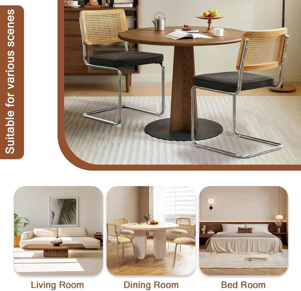 Rattan Back Linen Dining Chair Set of 6 Modern Stainless Chrome Base Armless Upholstered Side Chair for Dining Room, Kitchen Island,Black