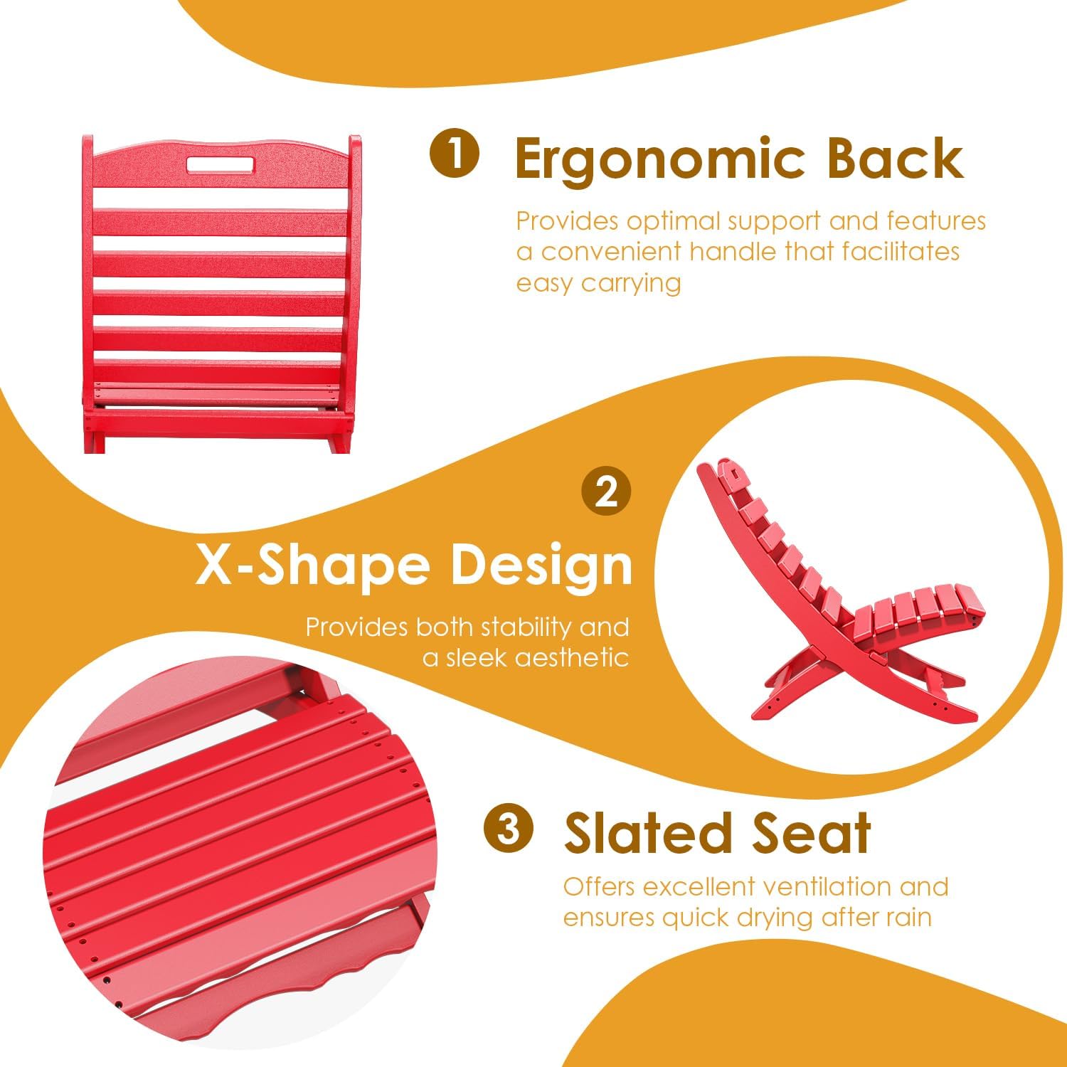 IVY&LANE Portable Xavier-Chairs Set of 2 | Folding-Adirondack-Chair | Wave | HDPE Plastic | Limited Edition | Red | All-Weather Resistant | for Outdoor Fire-Pit Patio Lawn Beach Poolside