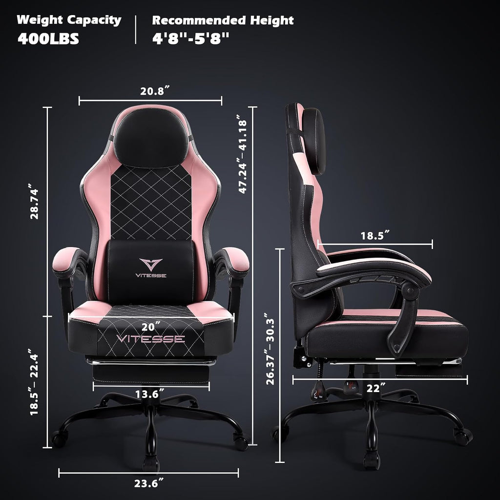 PUKAMI Gaming Chair with Footrest,Ergonomic Gamer Chair for Adults, Racing Style Reclining Computer Game Chair with Headrest and Lumbar Support (Pink)