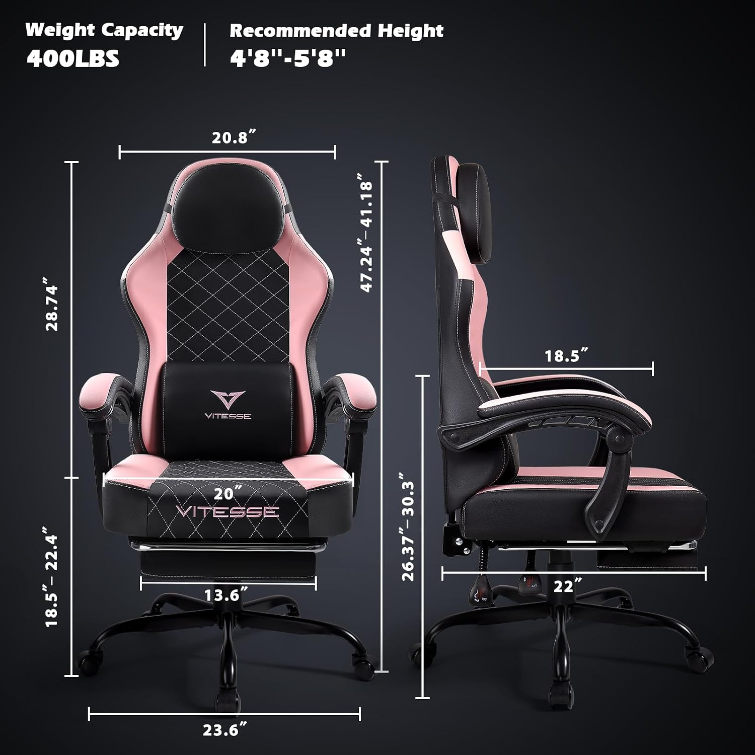 PUKAMI Gaming Chair with Footrest,Ergonomic Gamer Chair for Adults, Racing Style Reclining Computer Game Chair with Headrest and Lumbar Support (Pink)