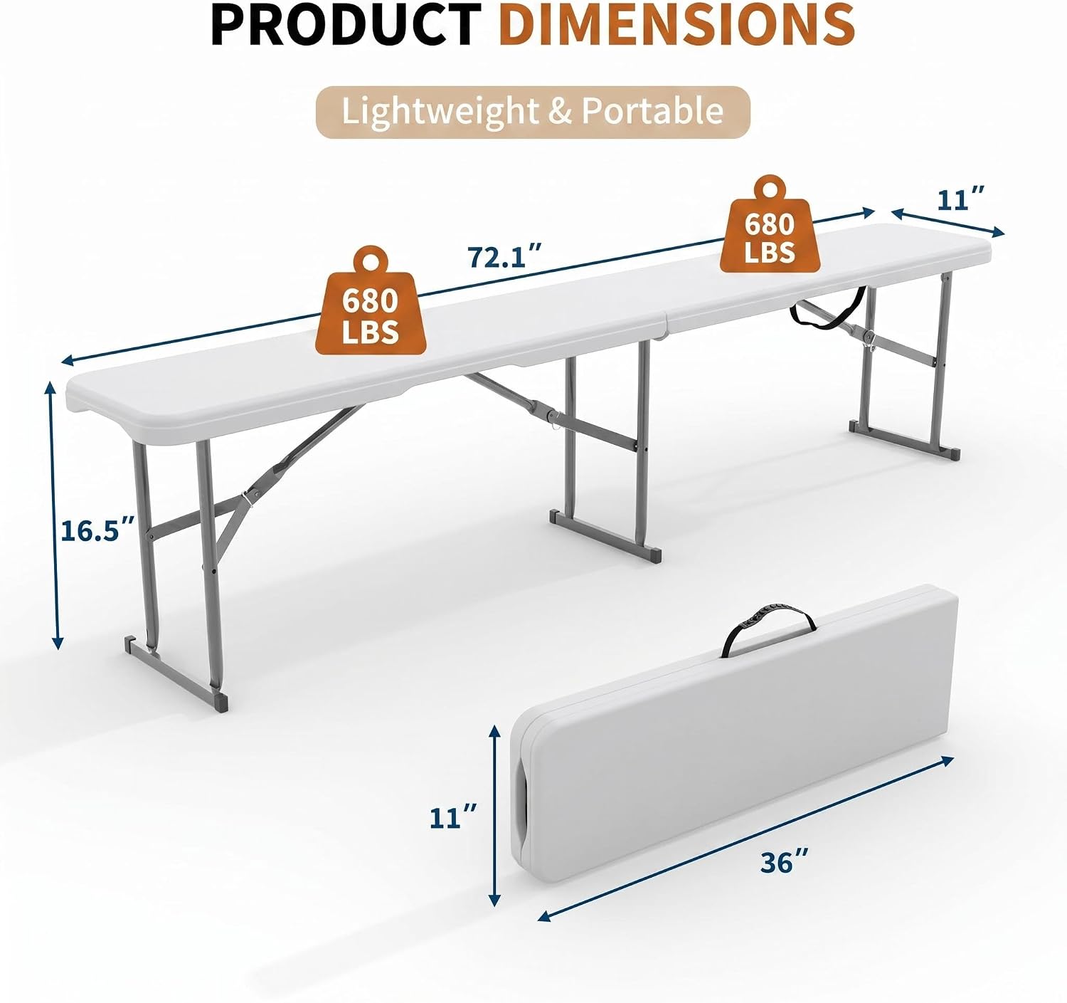 6FT Folding Bench, 2 Pack Fold-in-Half Portable Seating with Carry Handle, Heavy Duty 770lbs Capacity Soccer Sideline Team Seating for Games, Party & Events, Indoor/Outdoor, Camping