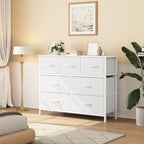 OLIXIS 7 Drawer Closet Organizer Chest, Fabric Storage Tower with Sturdy Steel Frame, Wooden Top & Easy Pull Fabric Bins, Dresser for Bedroom Living Room Entryway Clothes Organization, White