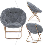 Magshion Folding Saucer Chair for Adults with Ottoman, Circle Reading Chair for Bedroom, Living Room & Dorm, Furry Comfy Accent Seat with Metal Leg & Thick Padded for Small Spaces (Grey, 2 Pack)