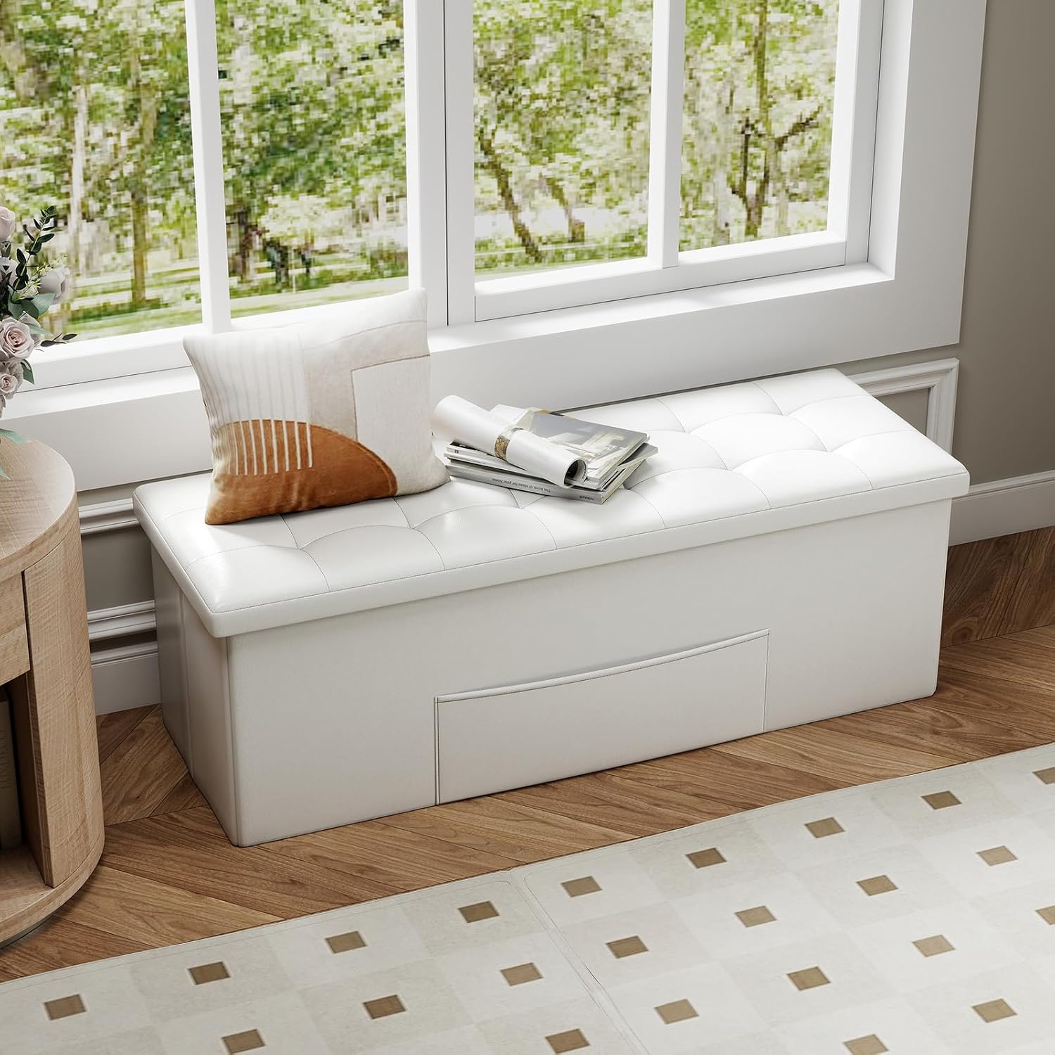 43 Inches Folding Storage Ottoman Bench, Foldable Foot Rest Stool End of Bed Bench with Side Pocket, Storage Chest for Living Room, Entryway & Bedroom (White)