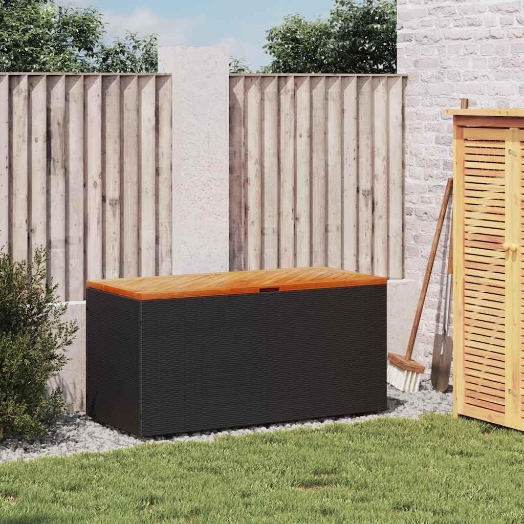 Patio Storage Box Black 43.3x19.7x21.3 Inches Poly Rattan Acacia Wood Garden Bench Seat with Waterproof Bag