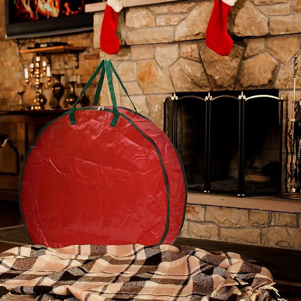 24" Christmas Wreath Storage Bag Artificial Wreath Container Garland Holiday Xmas Wreaths Holder Sturdy Handles Inner Straps Card Slot Dual Zipper Red