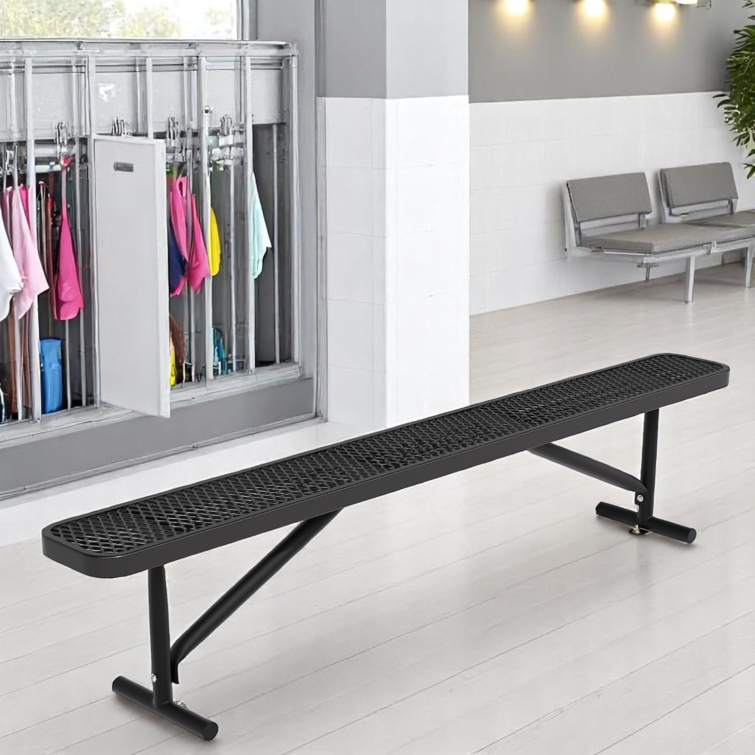 8FT Outdoor Bench, Metal Park Bench for Sitting Area Convert a Bench Heavy-Duty School Benches Commercial Rectangular Bench for Patio Porch Backyard Sports Church Locker Room Shopping Centers