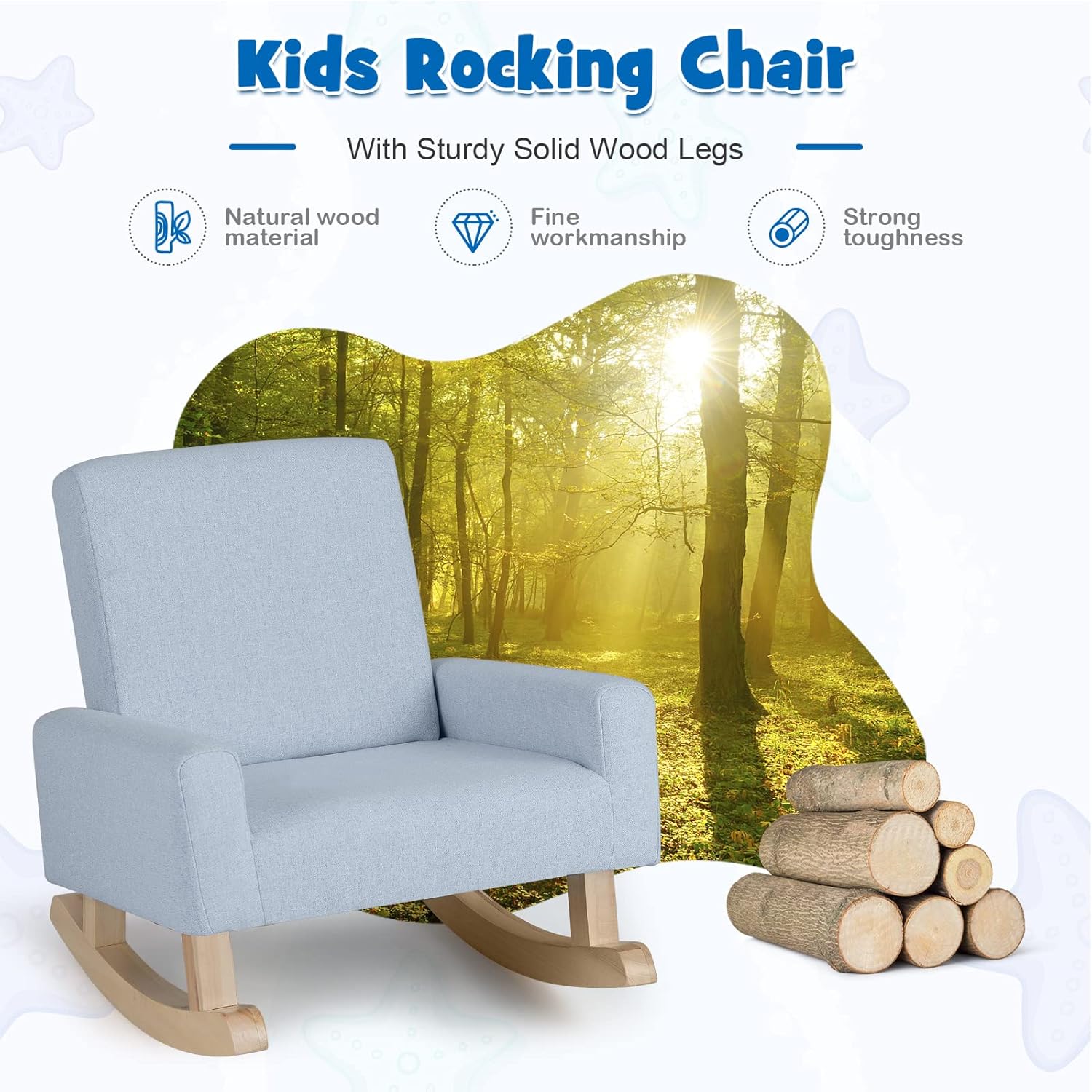 Costzon Kids Sofa, Toddler Rocking Chair with Solid Wood Frame, Linen Fabric, Anti-Tipping Design, Children Furniture Armchair for Kids Room, Nursery, Playroom, Preschool, Gift for Boys Girls (Blue)