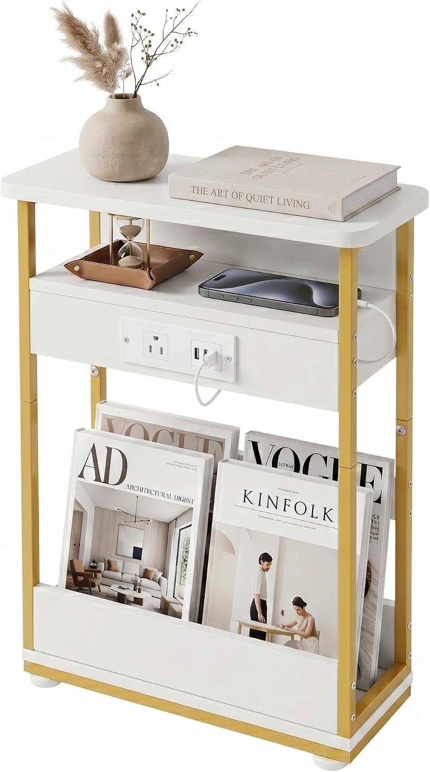 YEAKOO Narrow Side Table with Charging Station, 3-Tier End Table with 2 USB Ports & Power Outlets, Thin Sofa Side Table for Small Spaces, Bedside Table Nightstand for Living Room, White+Gold