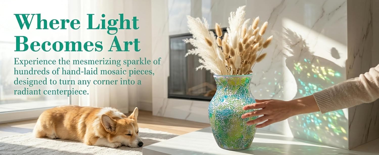 8" Organic Green Mosaic Vase, Heavy Glass Healing Spring Decor Centerpiece, Hand-Pasted Crackle Glass Flower Vase with Anti-Slip Base, Boho Nature Accent for Living Room & Bathroom