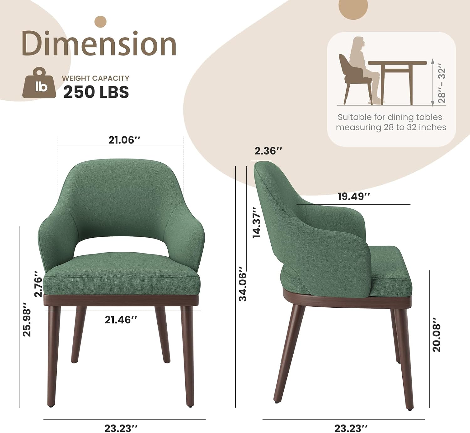 MALOL Wooden Dining Chairs Set of 2, Modern Fabric Upholstered Dining Room Chair, Kitchen Side Chairs, Farmhouse Dinner Chair with Open Back for Kitchen, Green
