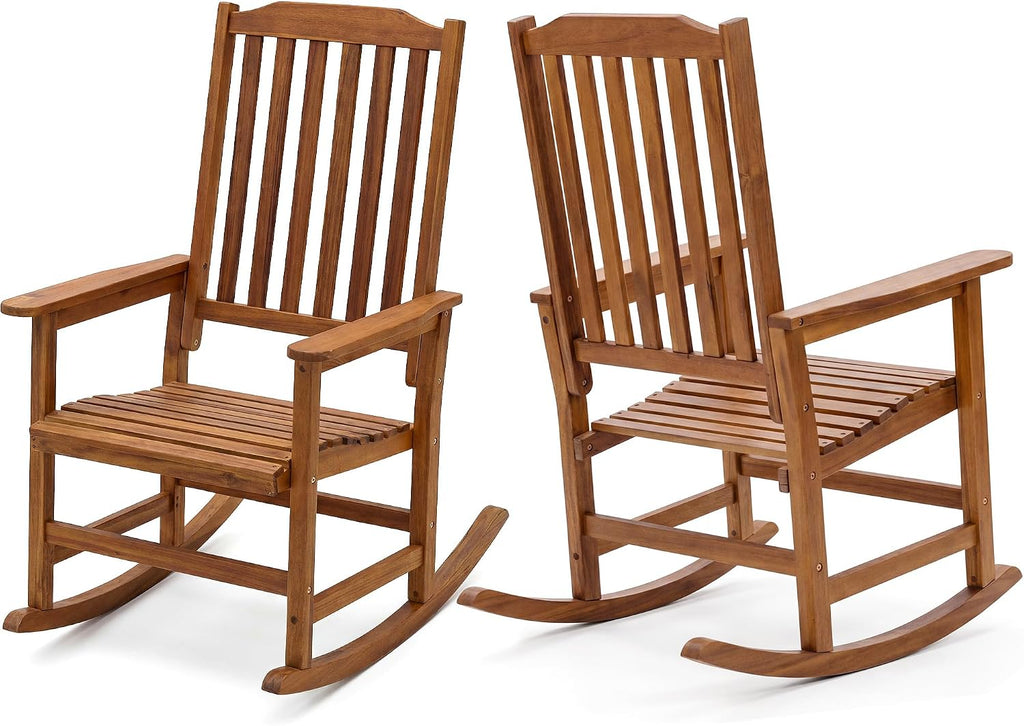 Devoko Outdoor Rocking Chair Acacia Wood Porch Rocking Chairs, Outdoor Chairs with Widened Armrest for Porch, Poolside, Balcony and Yard, Natural (2-Piece Chairs Set)