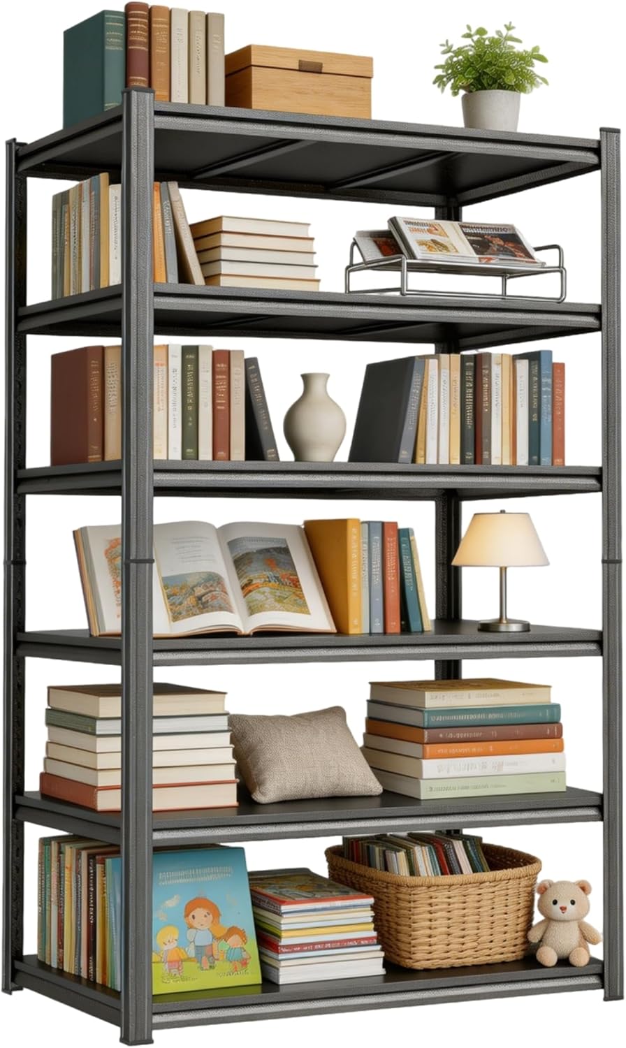 Book Shelf Metal Bookshelf 6-Tier 2400LBS Tall Bookcase Adjustable Storage Shelves Bedroom Organization and Storage Rack Display Shelves for Pantry Living Room Home Office 82"H×39.4"W×17.7"D, Black