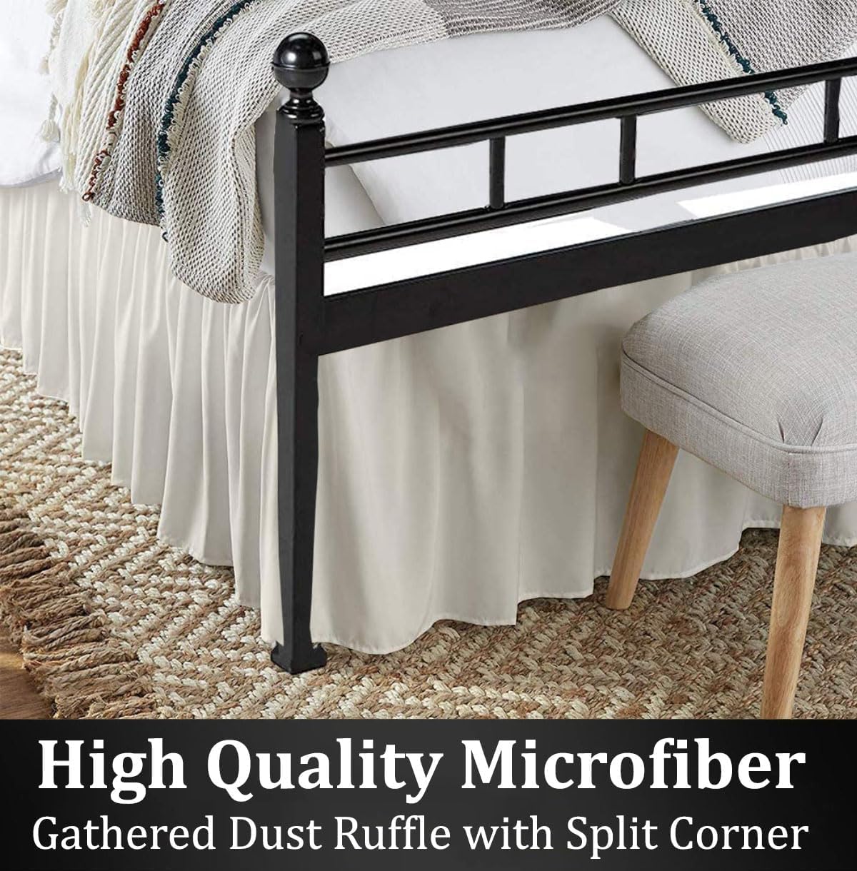 Ruffled Bed Skirt with Split Corners, Ivory, Queen 16 Inch Drop Bedskirt, Hotel Quality Brushed Microfiber Wrinkle Free Dust Ruffle Bed Skirt Queen Size
