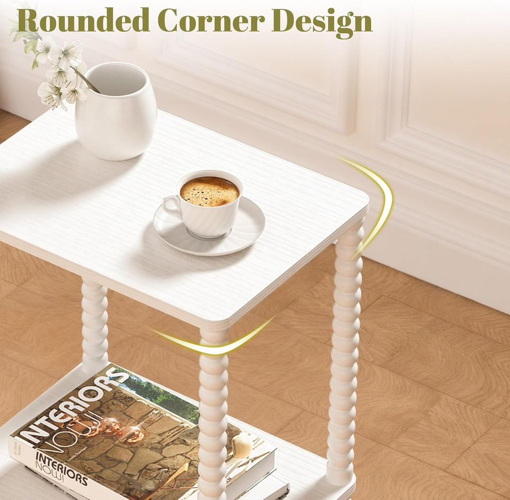 Side Table, Small End Table, 2-Tier Nightstand with Storage Shelves, Coffee Table for Small Spaces, Curved Design, Sofa Table for Living Room, Bedroom, White