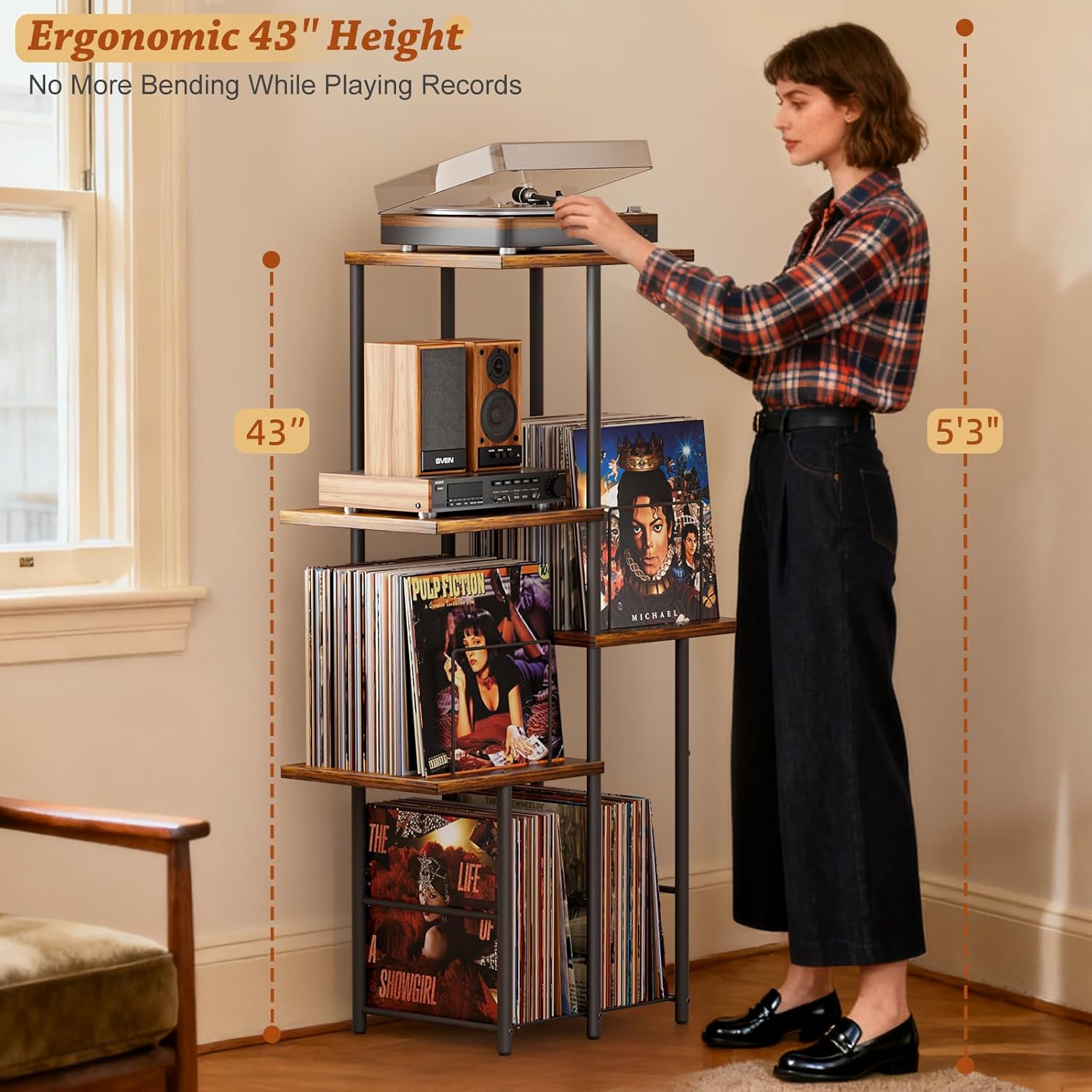 Record Player Stand, Vinyl Record Storage Holder with Display Shelf, Turntable Stand Table with Vinyl Organizer Dividers Album Rack, Vintage Style Record Cabinet Wood, Mid Century Modern Tall Console