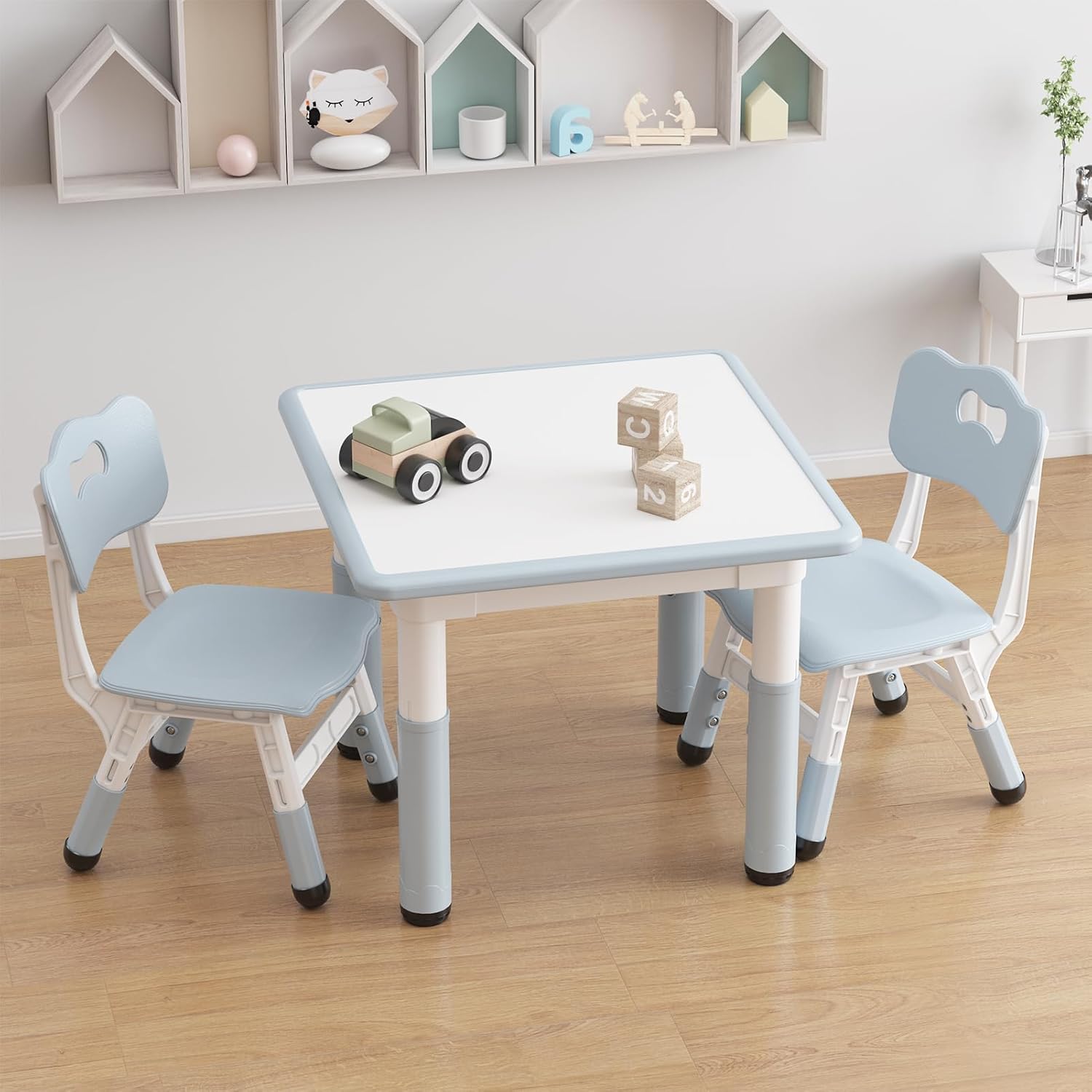 IDEALHOUSE Adjustable Height Kids Table and 2 Chairs Set – Writable Whiteboard Top, Non-Slip Legs, Easy to Clean, Ideal for Toddlers and Children Ages 2-10, Multi-Activity Table for Home, Nursery,