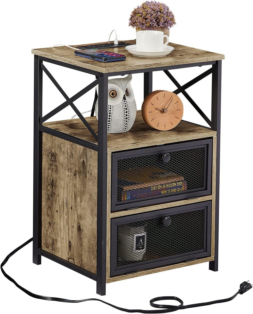 VECELO Dust Grey End Table with USB Ports and Outlets,24 Inch Nightstands with Charging Station and Storage Shelf for Bedroom,Living Room, 1 Set