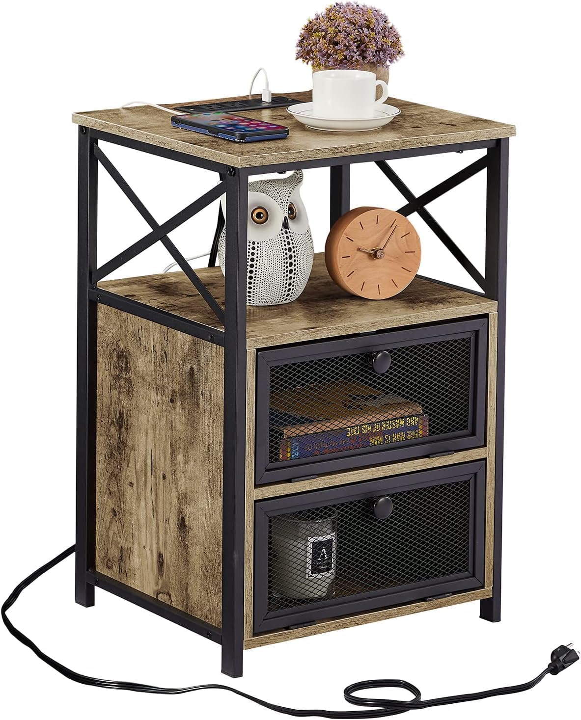 VECELO Dust Grey End Table with USB Ports and Outlets,24 Inch Nightstands with Charging Station and Storage Shelf for Bedroom,Living Room, 1 Set
