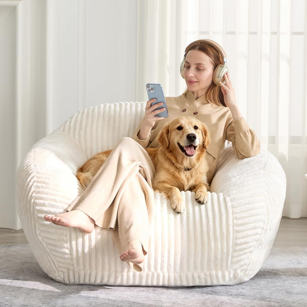 HUGHEAVEN Large Bean Bag Chairs for Adults, Adult Bean Bag Chair with Back Support, Reading Chair for Bedroom, Beige