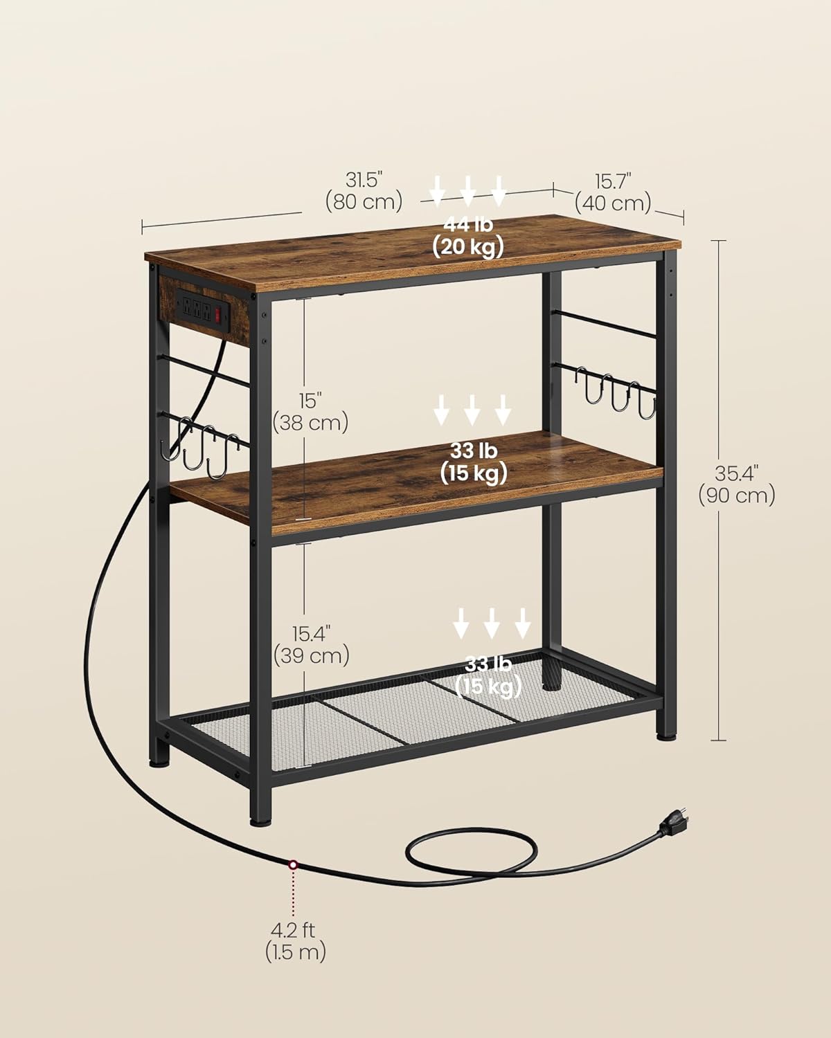 VASAGLE Kitchen Island with Power Strip, Microwave Oven Stand, Kitchen Shelf, Baker's Rack with 3 Open Shelves, 6 Hooks, Metal Frame, 15.7 x 31.5 x 35.4 Inches, Rustic Brown and Black UKKI102KD02S