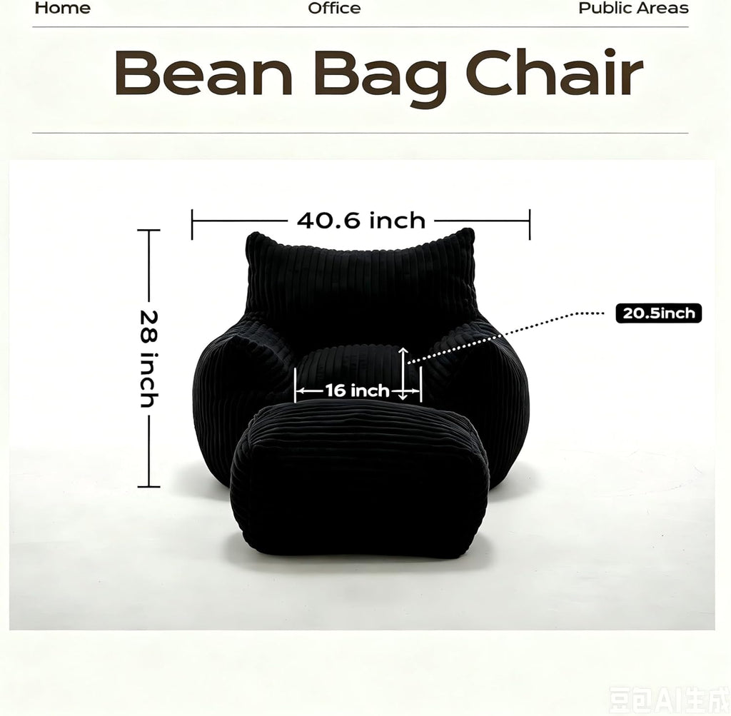 FanYi Bean Bag Chair for Adults with Armrests and Ottoman Comfy Beanbag Lounge Lazy Floor Sofa Accent Chair for Living Room, Bedroom & Dorm, Cozy Fluffy Single Cloud Mini Couch, Black