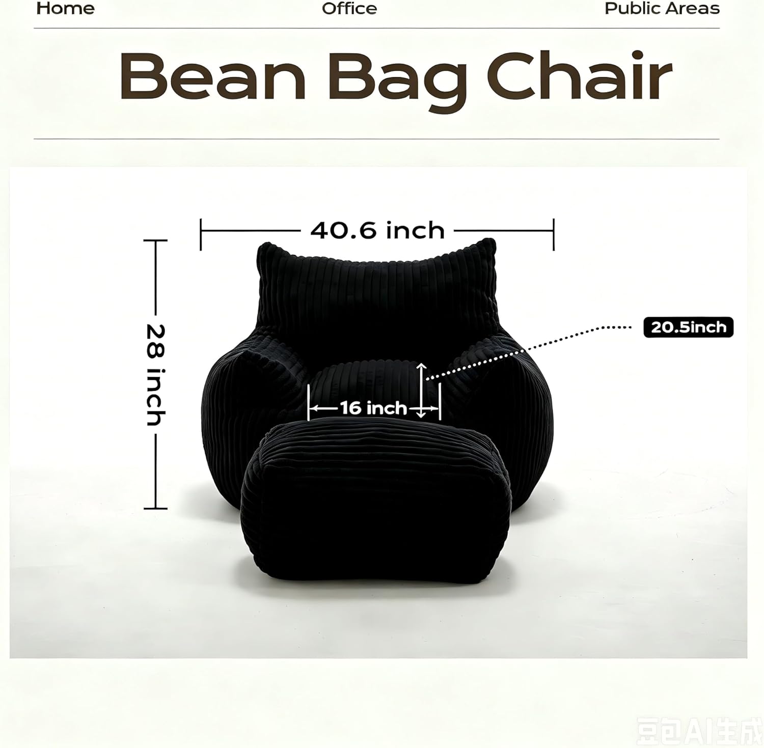FanYi Bean Bag Chair for Adults with Armrests and Ottoman Comfy Beanbag Lounge Lazy Floor Sofa Accent Chair for Living Room, Bedroom & Dorm, Cozy Fluffy Single Cloud Mini Couch, Black