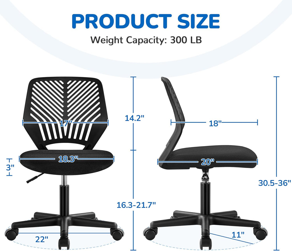 Yaheetech Student Desk Chair, Low-Back Armless Study Chair with Lumbar Support, Adjustable Swivel Office Chair for Home Bedroom School, Black