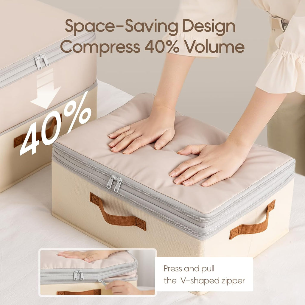 Homsorout Large Closet Storage Bins - Compression Organizer Bins, Stackable Closet Organizer, Expandable Under Bed Storage Containers for Clothes, Towels, Sheet, 2 Pack, Beige