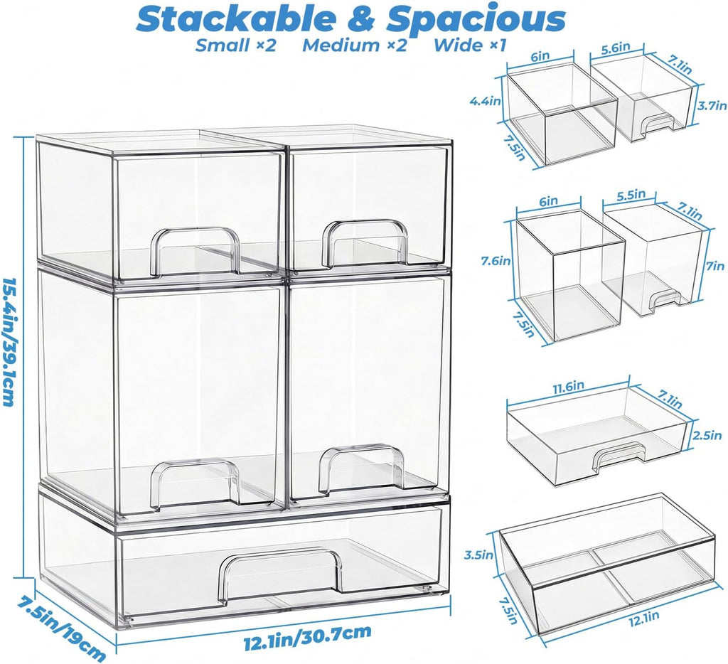 Baby Bottle Organizer, 5 Pack Stackable Storage Dust-proof Drawers, Clear Plastic Bottle Station Organizer for Countertop & Cabinet, Pacifier and Medicine Container for Nursery