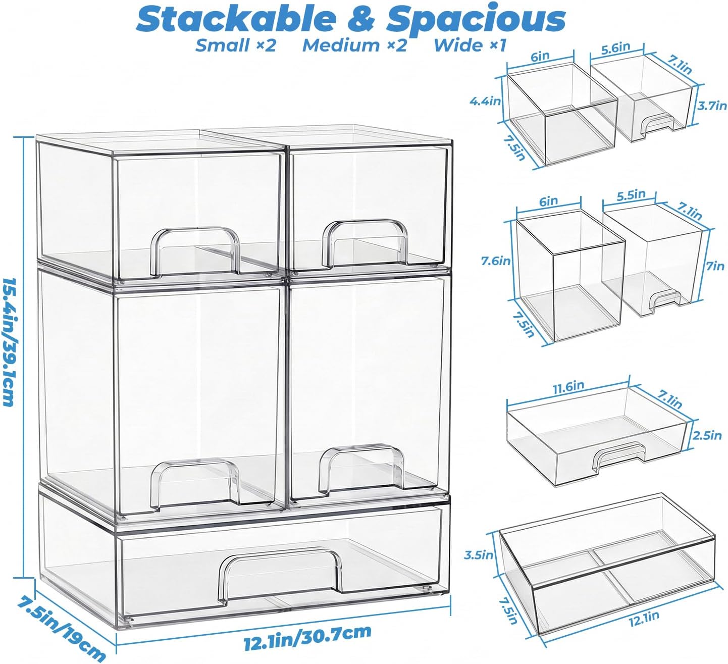 Baby Bottle Organizer, 5 Pack Stackable Storage Dust-proof Drawers, Clear Plastic Bottle Station Organizer for Countertop & Cabinet, Pacifier and Medicine Container for Nursery