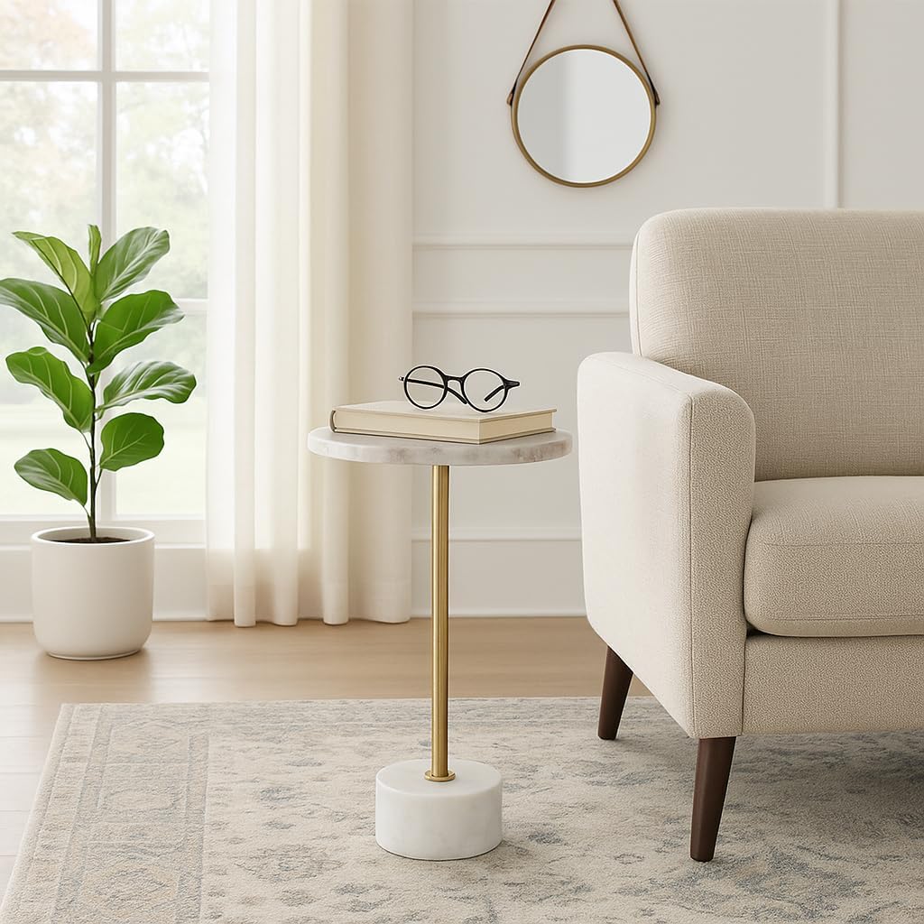 Home Decor End Table, Side Table, or Night Stand - Tall Marble Accent Table with Metal Support Perfect for Small Spaces - A Modern Classic for Office, Bedroom, or Living Room Decor - 24" White & Gold