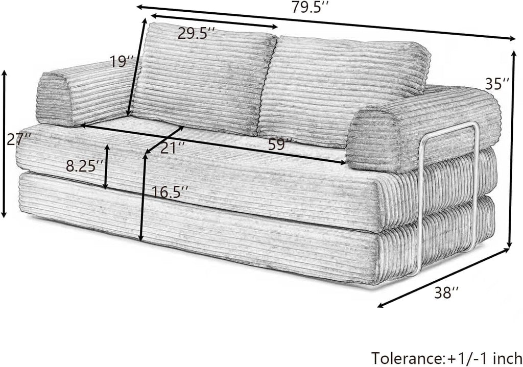 Convertible Folding Sofa Bed, Modern Futon Sleeper Sofa Fold Out Couch Bed with Gold Fixed Frame, Modular Floor Sofas Comfy Corduroy Boneless Couches for Living Room (80" Grey)