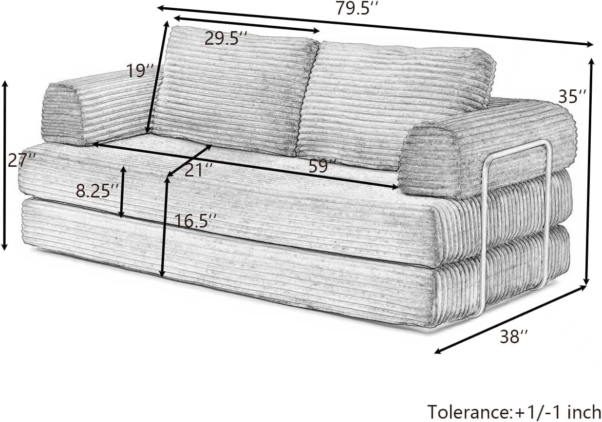 Convertible Folding Sofa Bed, Modern Futon Sleeper Sofa Fold Out Couch Bed with Gold Fixed Frame, Modular Floor Sofas Comfy Corduroy Boneless Couches for Living Room (80" Grey)