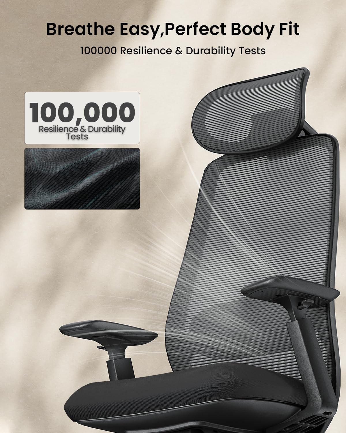 ProtoArc EC200 Ergonomic Office Chair with Adjustable Seat Depth | Lumbar Support, High-Back, Mesh Desk Chair, Home Office 8+ Long Hours Sitting, For Remote Workers & Programmers, Pure Black