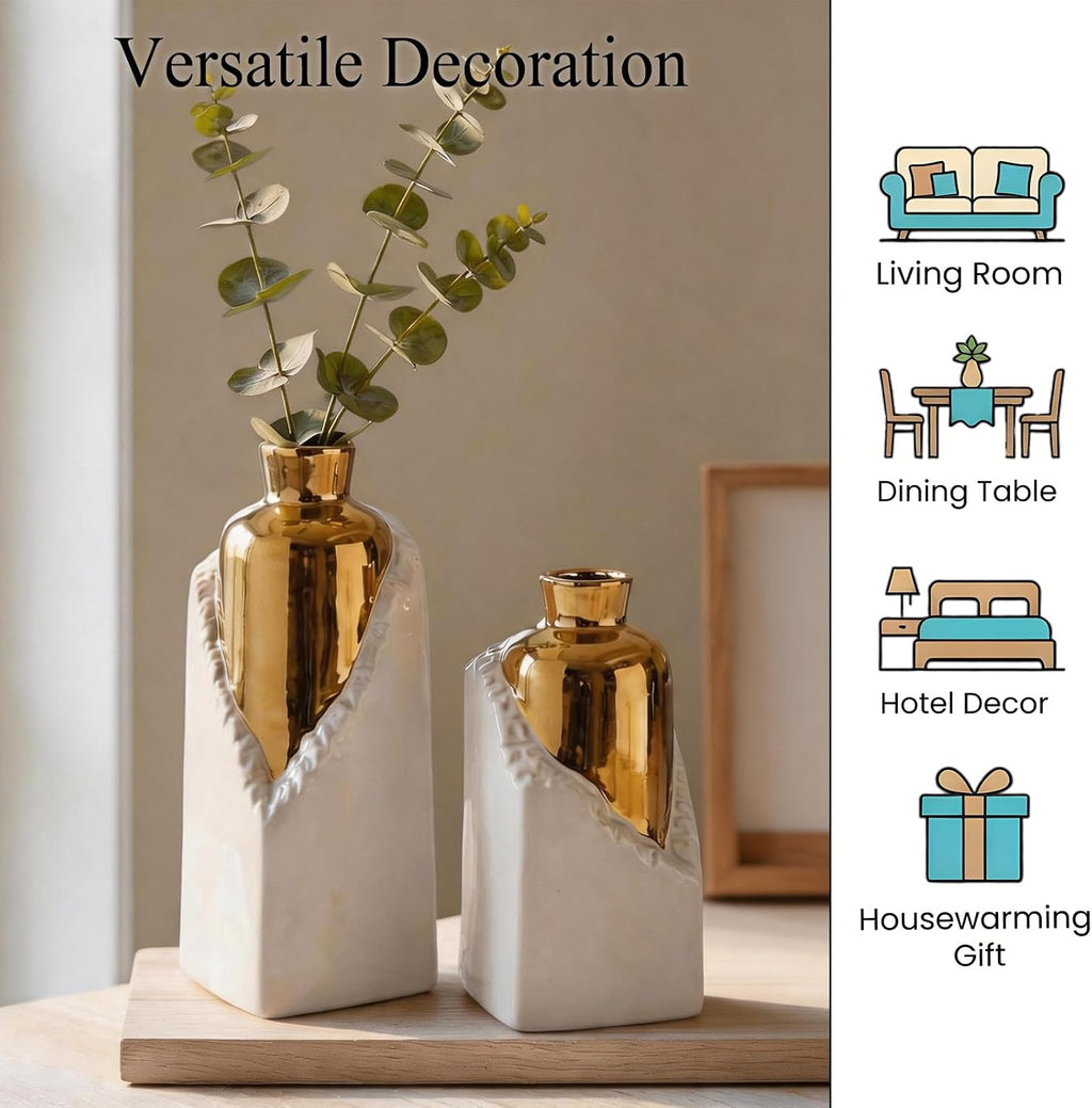 White and Gold Ceramic Vase Set, Modern Home Decor Flower Vases, 2-Piece Bud Vase for Living Room, Wedding & Hotel Dining Table Centerpieces, Fireplace or Bookshelf, 8.6" & 10.8" H