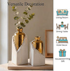 White and Gold Ceramic Vase Set, Modern Home Decor Flower Vases, 2-Piece Bud Vase for Living Room, Wedding & Hotel Dining Table Centerpieces, Fireplace or Bookshelf, 8.6" & 10.8" H