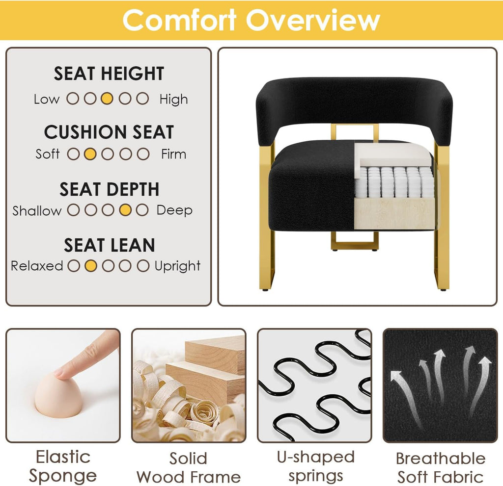 STHOUYN Modern Black Boucle Dining Chairs Set of 4 with Gold Metal Legs, Mid Century Barrel Kitchen Chairs Set, Upholstered Accent Armchairs Dining Room Set, Living Room, Apartment (Black, 4pcs)