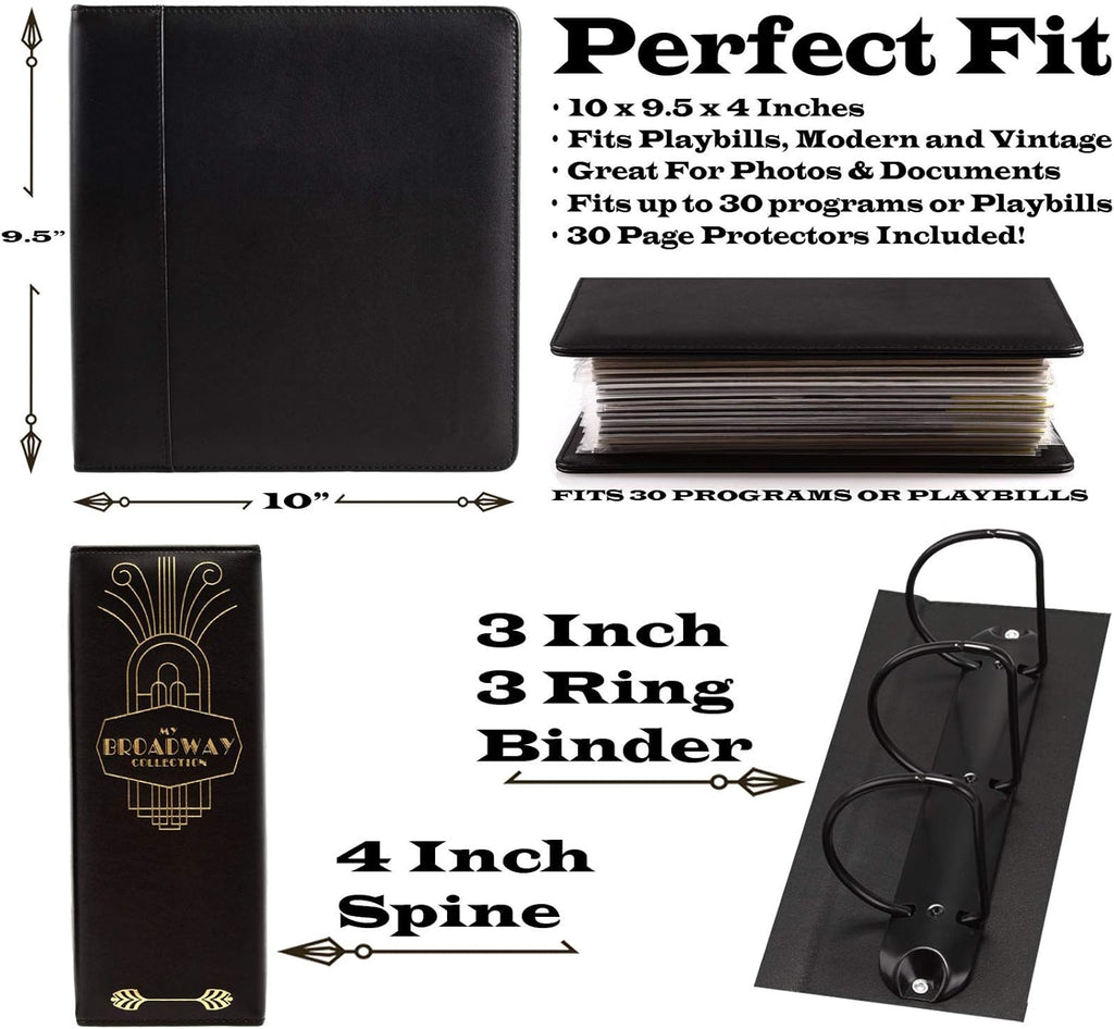 2Fold Binder for Holding Broadway Play Program and Theater Programs with 30 Custom Sheet Protectors - PU Leather - Fits Programs from Mid 1980s to Modern (Black/Gold Foil)