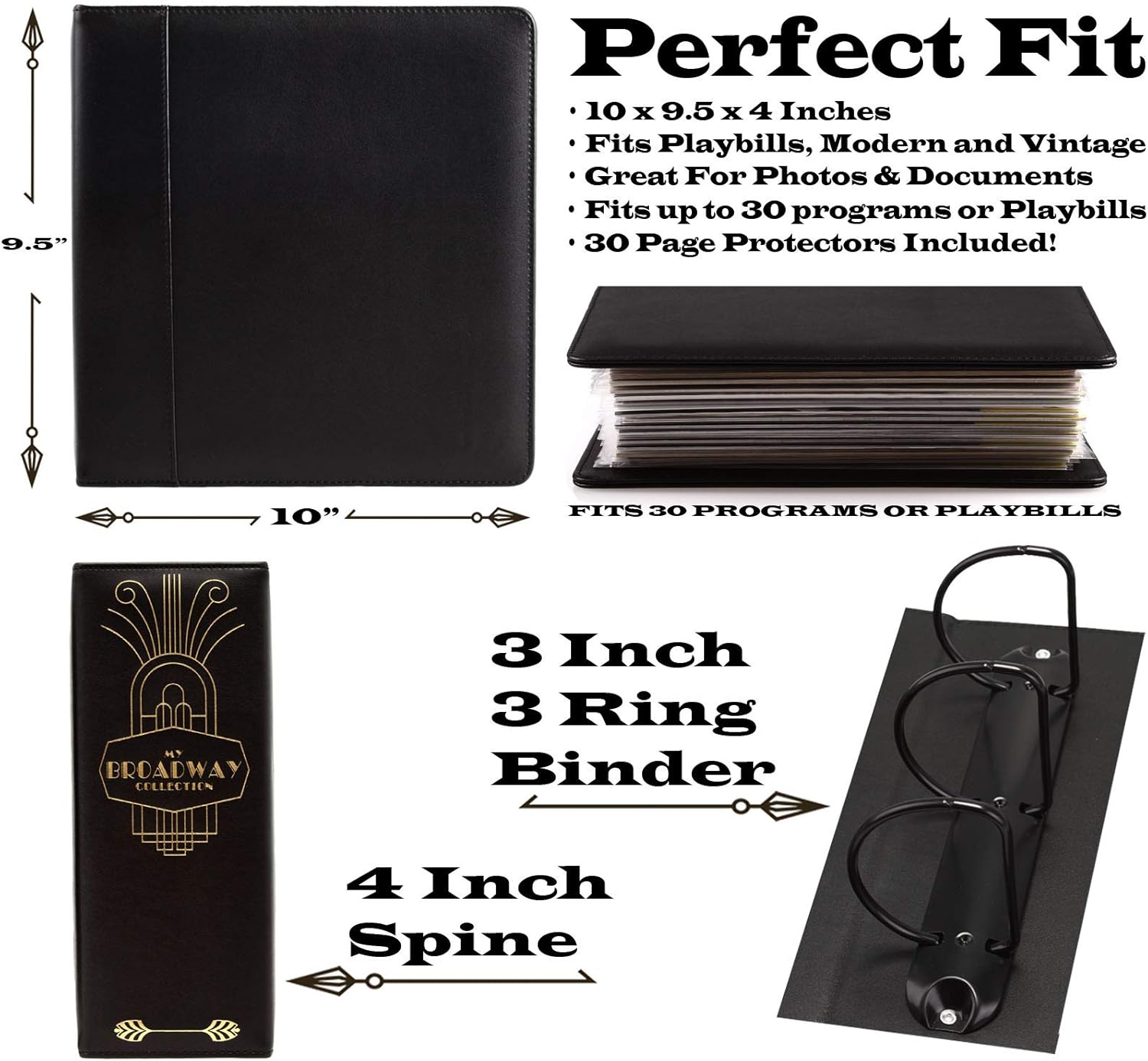 2Fold Binder for Holding Broadway Play Program and Theater Programs with 30 Custom Sheet Protectors - PU Leather - Fits Programs from Mid 1980s to Modern (Black/Gold Foil)
