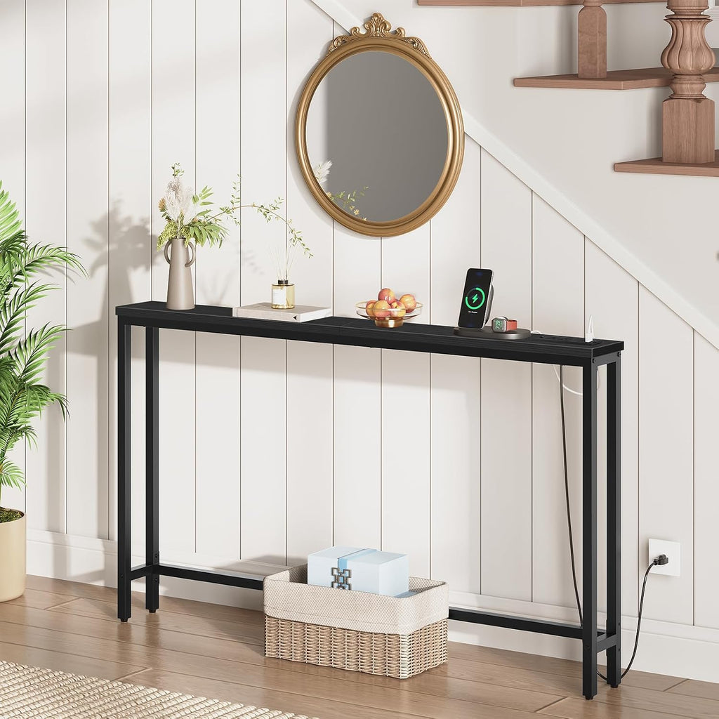 HOOBRO 55.1" Narrow Console Table with Power Outlets, 5.9" Behind Couch Table with Charging Station, Long Sofa Table, Skinny Entryway Table for Living Room, Hallway, Foyer, Black BB145UXG01