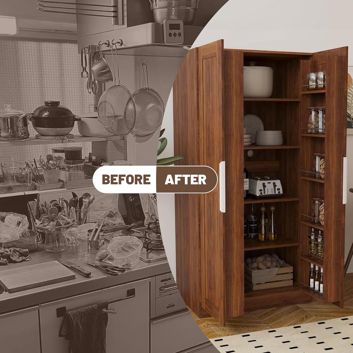 62.99'' Walnut Kitchen Pantry Cabinet Tall Freestanding Pantry Storage Cabinet with Doors and Shelves Buffet Cupboards Sideboard Tall Kitchen Pantry Storage Cabinets Food Pantry for Living Room